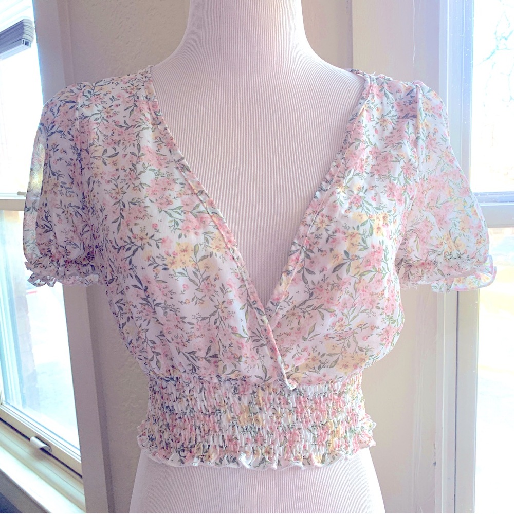 Timing Pink and Green floral Puff Sleeve Crop top Sheer Blouse L 3/$15